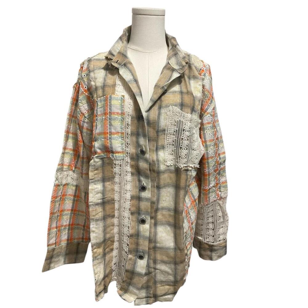 POL Clothing Patchwork Plaid Crochet Button Down … - image 2